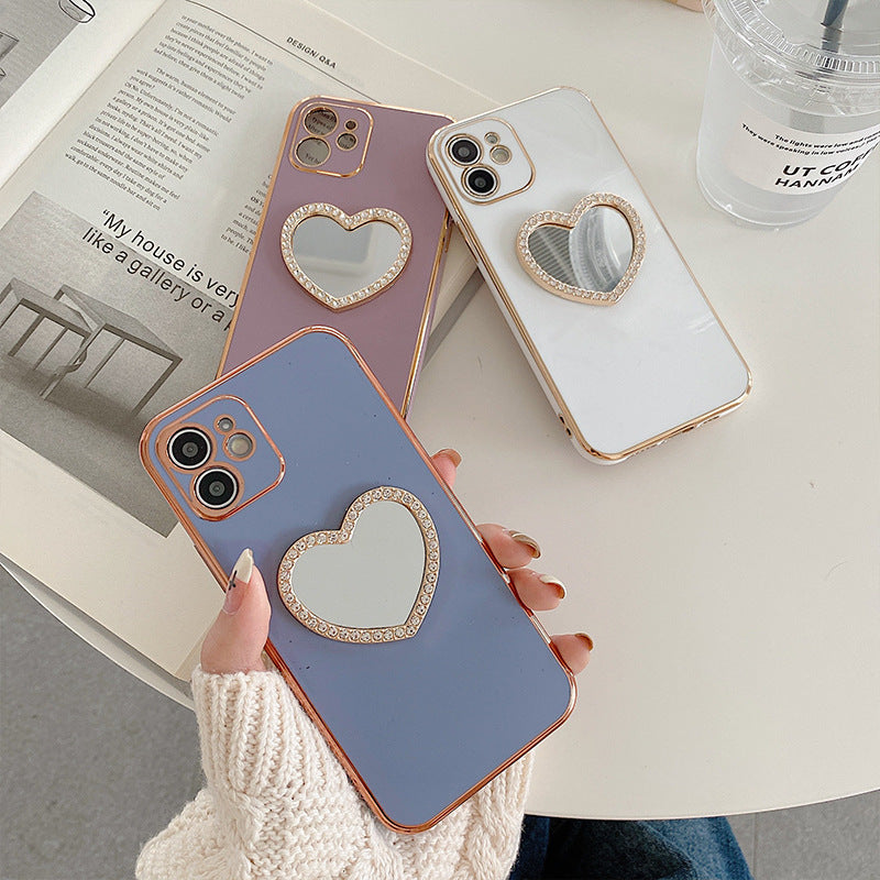 Apple 14pro Max Heart Shape Mirror Shell Girl Makeup Mirror for Iphone15 Bracket Phone Case