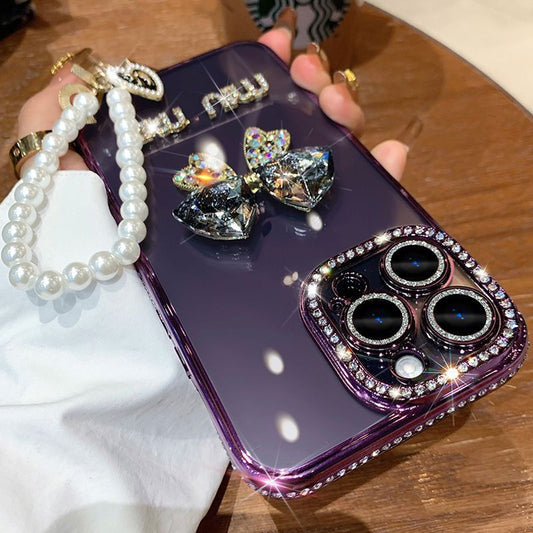 Suitable for Iphone15 Phone Case Women's Apple 14 Fashion Brand Rhinestone Bow 13promax Lens Phone Case