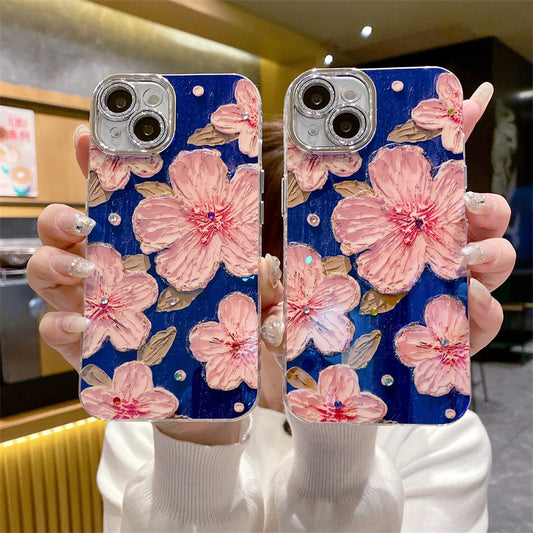 Korean Style Blue Light Rhinestone Cherry Blossom for Iphone15promax Phone Case Apple 14pro All-Inclusive 13/12 Female