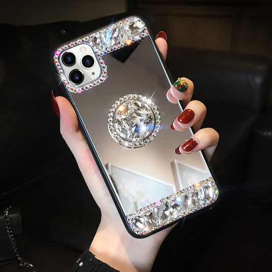 Mirror Apple 14/15pro Phone Case Women's Diamond-Embedded Iphone13 All-Inclusive Silicone Ring Bracket Suitable for 12