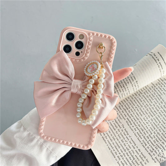 Ins Online Influencer Bow Pearl Chain Iphone13 Phone Case for Apple 12pro Korean Style Girl Soft Case
