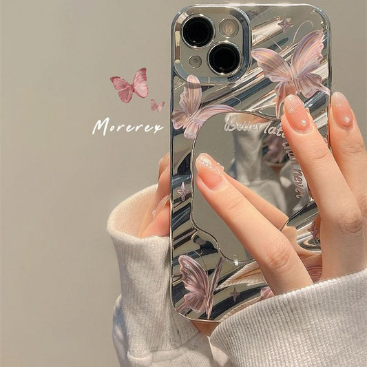 Pink Butterfly Mirror Feel Suitable for Apple 14promax Phone Case Iphone13 New 12 Women's 14pro1
