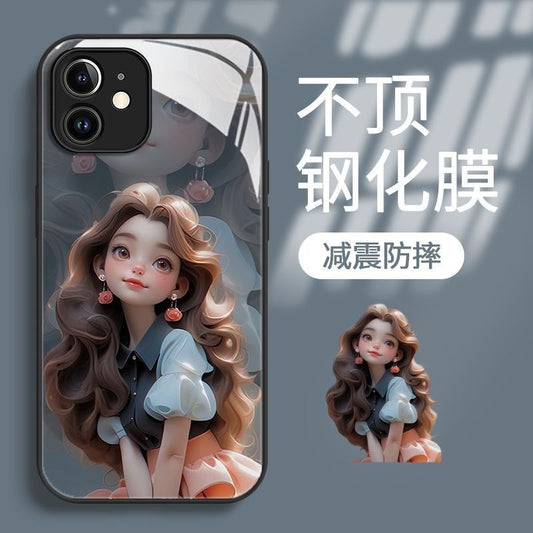Curly Hair Girl Suitable for Apple 15promax Phone Case 13 Creative Three-Dimensional 14 All-Inclusive Iphone15 Glass