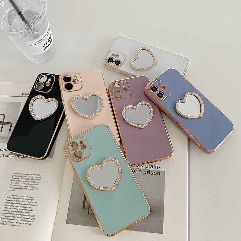 Apple 14pro Max Heart Shape Mirror Shell Girl Makeup Mirror for Iphone15 Bracket Phone Case