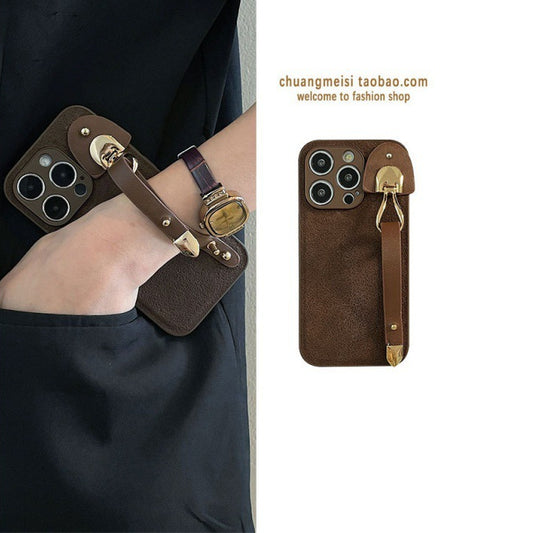 Leather Coffee Color Wrist Strap for Iphone14promax Apple 13 Phone Case 12 Female 11 Simple Xr Drop-Resistant Xs
