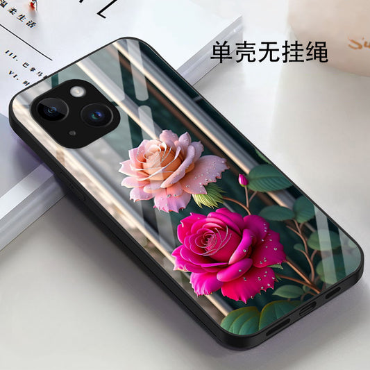 Floveme New Flower Metallic Paint Glass Shell for Iphone15 Series Mobile Phone Protective Shell Wholesale